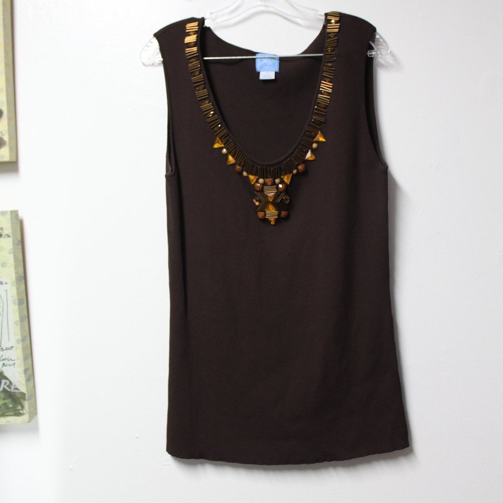 Lara Lane Woman brown rayon blend tank top embellishments 1x